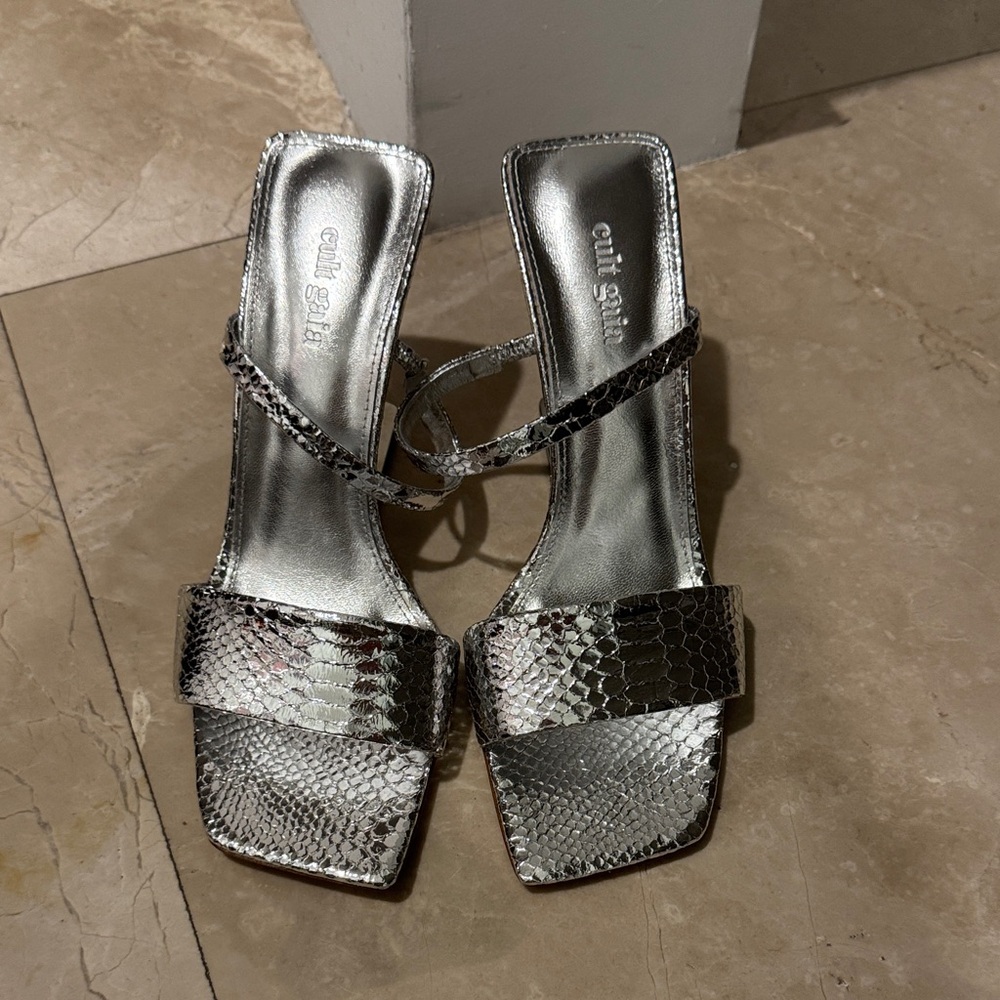 Cult Gaia Silver Snake Print Heels